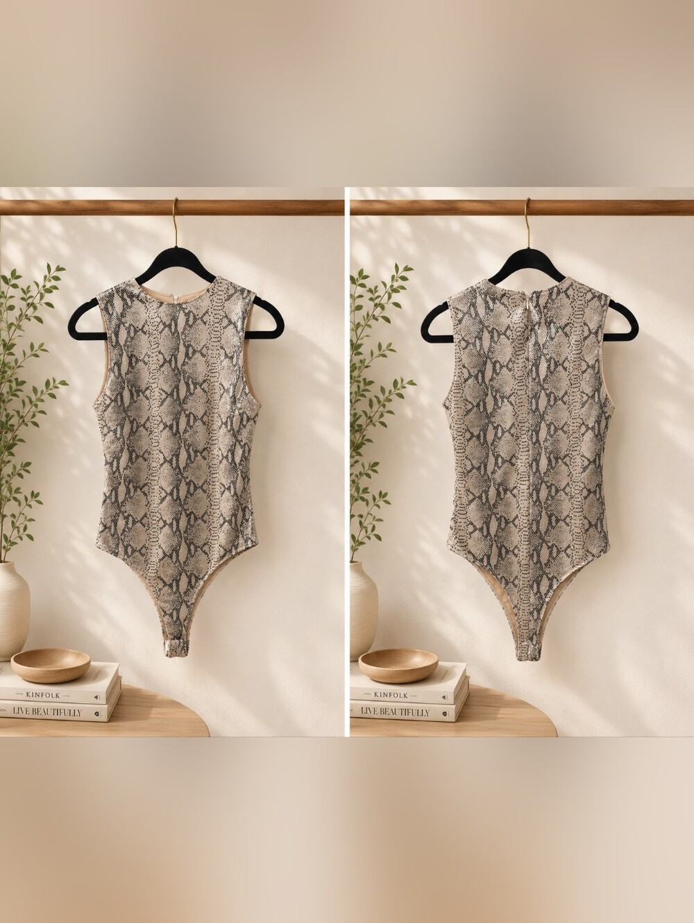 JLUXLABEL Snake Print Sleeveless Bodysuit in Beige and Black
